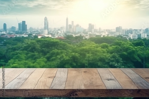 Wooden Table with a Cityscape View in the Background. Generative AI