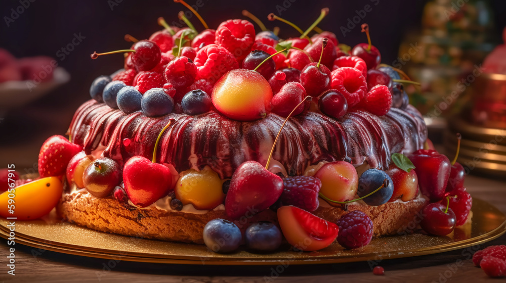 Fruit chocolate cake. Appetizing cupcake with fresh fruits of strawberries, cherries, raspberries, covered with chocolate icing. Generative AI. Fruit chocolate cake. Appetizing cupcake with fresh fruits of strawberries, cherries, raspberries, covered with chocolate icing. Generative AI.