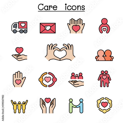 Care, Charity, Kindness color line icon set
