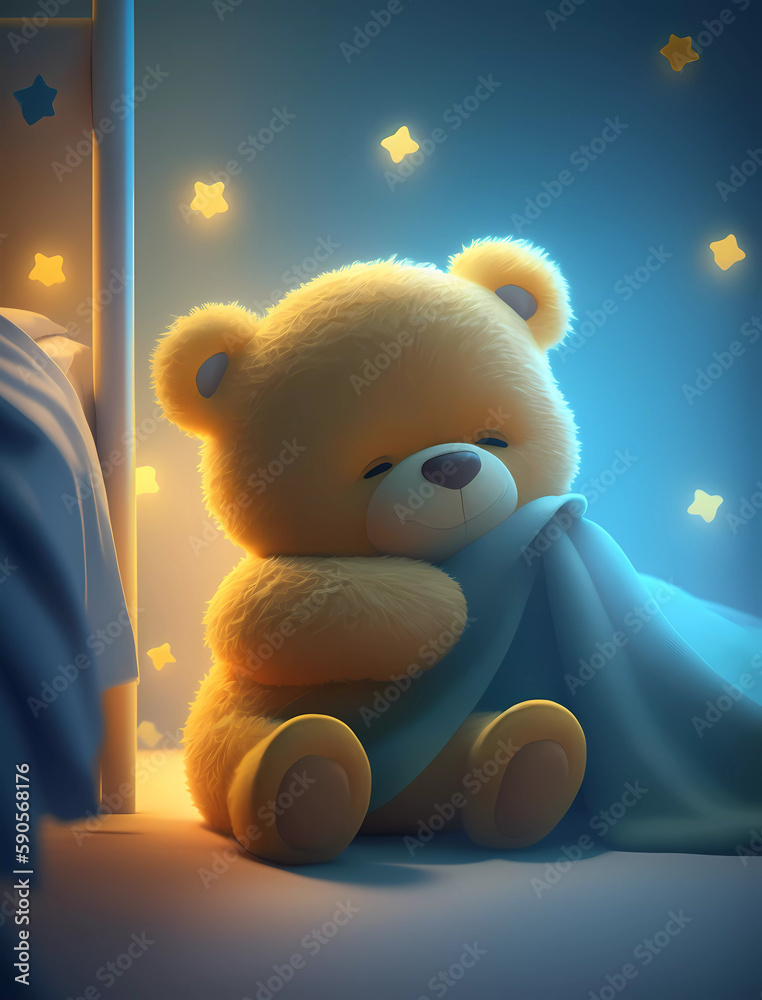 Cute Teddy Bear sleeping in Bed at night cartoon , brown bear in ...