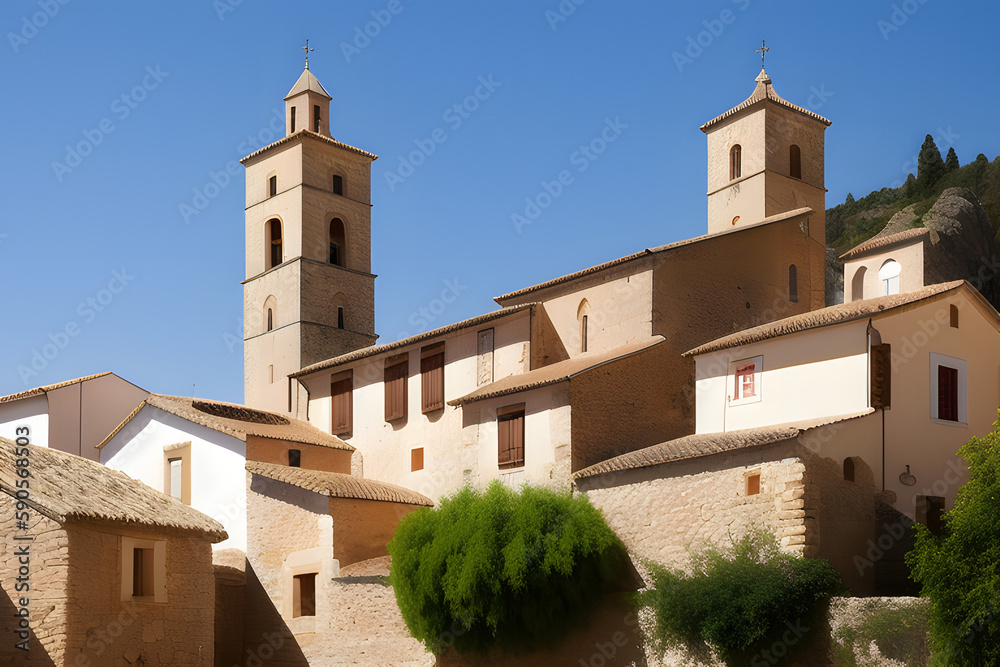 Old town in rural spain with a stork nest on the top of the church