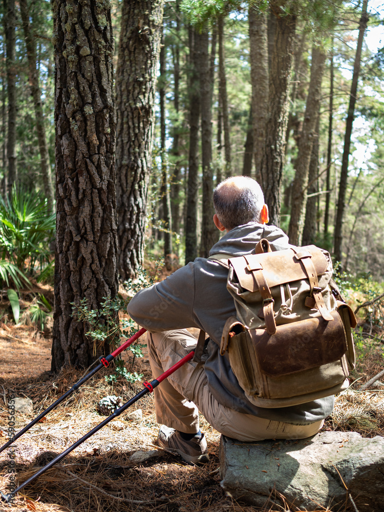 Middle-aged man sitting on a rock with walking sticks and a backpack in a Mediterranean forest.