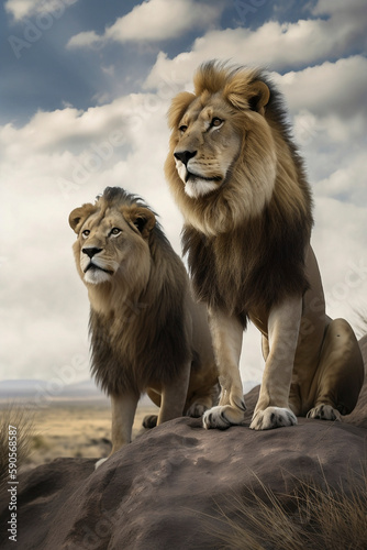 Photorealistic Image of The Kings of the Savannah, Two Lion Brothers with Large Manes Sitting on a Rock, Created with Generative AI