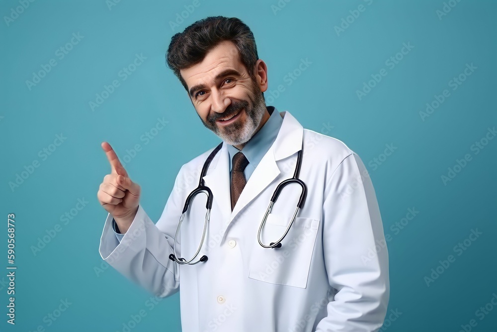 smiling happy doctor pointing with finger on blue background, ai generated. smiling happy doctor pointing with finger on blue background, ai generated.