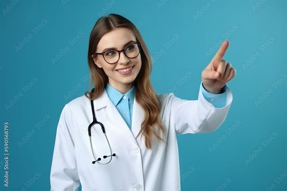 smiling happy doctor pointing with finger on blue background, ai generated. smiling happy doctor pointing with finger on blue background, ai generated.