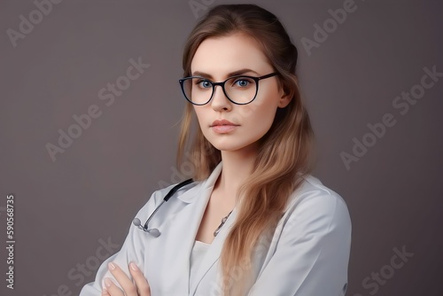 Beautiful female doctor with stethoscope on пкун background. ai generated.