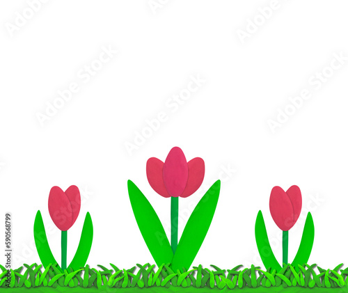 pink plasticine tulip on grass field on white © warapatr_s