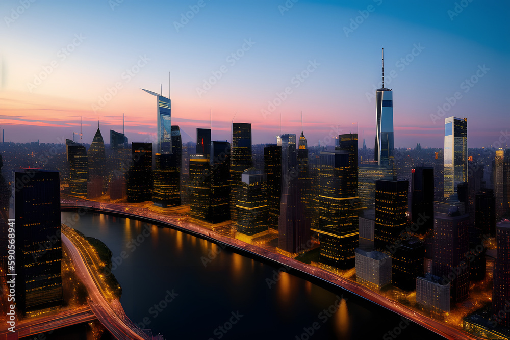 city skyline at dusk