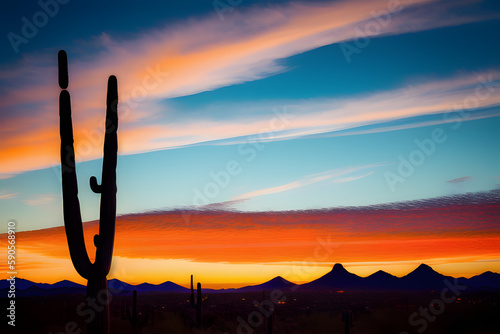 Fantastic Orange And Teal Sunset Over Saguaro Cactus Overlooking Scottsdale Arizona
