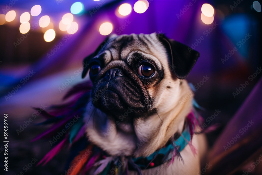Pug with Purple Feathers, Evening, Fairy Lights