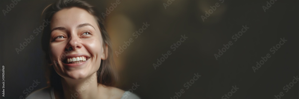 Portrait of a joyful girl, a banner with a place to insert text. Studio portrait of a young girl smiling happily. Emotional facial expression of a laughing woman. Space for copy. Generative AI Portrait of a joyful girl, a banner with a place to insert text. Studio portrait of a young girl smiling happily. Emotional facial expression of a laughing woman. Space for copy. Generative AI