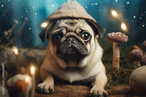 A puckish pug, fairy land, magic mushrooms, adorable, nursery art, Shakespearean photo