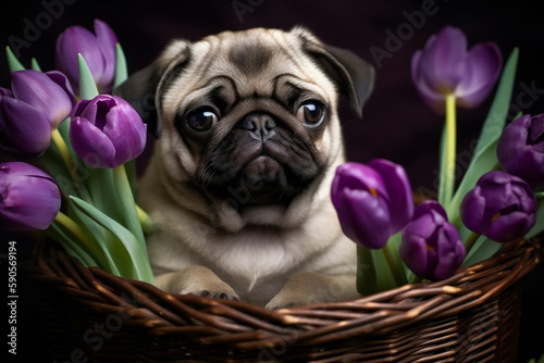 pug puppy in basket, with pretty purple flowers, adorable, nursery art, baby, puppy © Melissa
