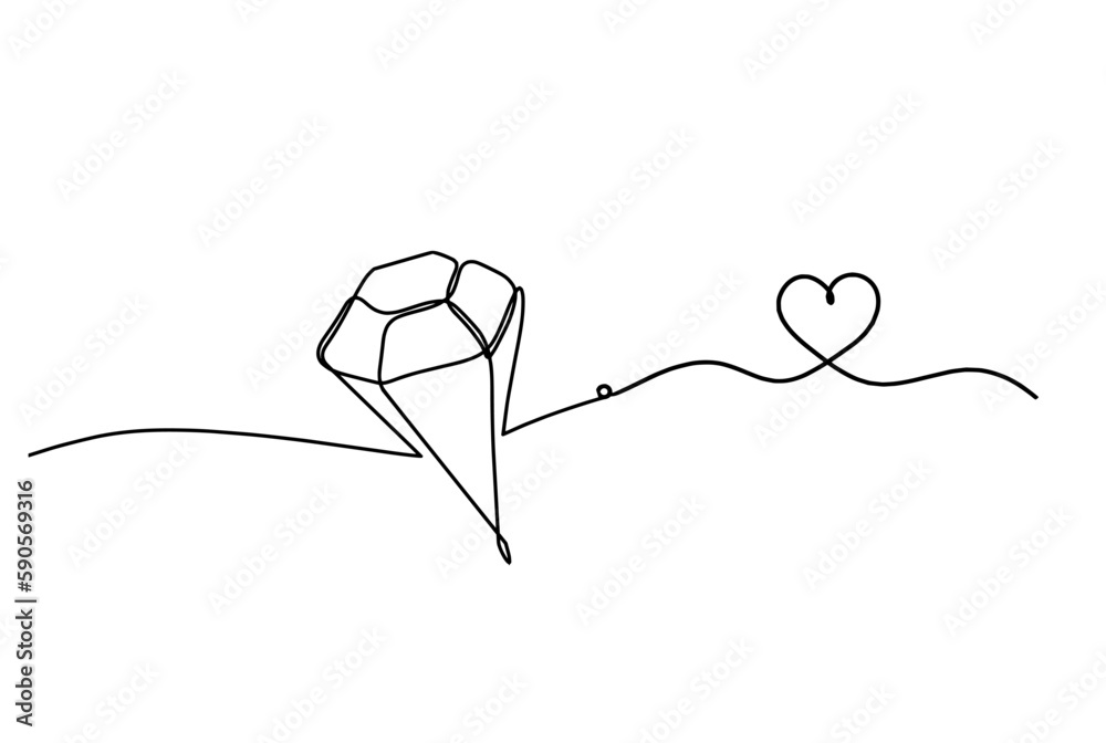 Abstract crystal with heart as continuous lines drawing on white background