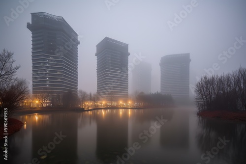 Hangzhou China centrum city in fog , generative artificial intelligence