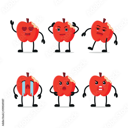 cute bite apple fruit various activity character vector many face expression for children book sticker