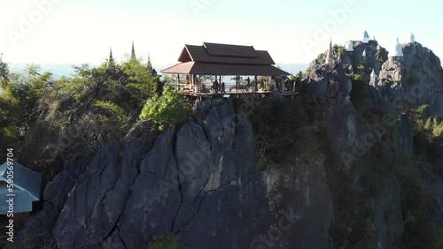 Aerial view of Wat Chaloem sky pagodas on top of mountain in Lampang Thailand