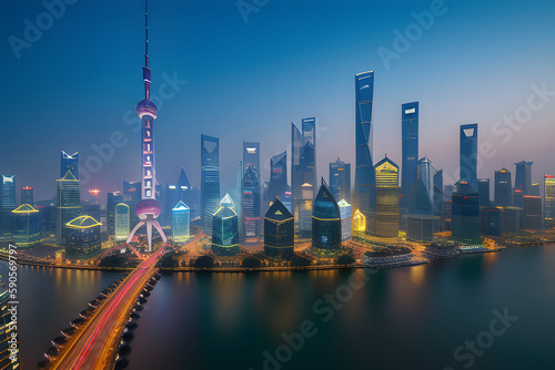 shanghai skyline and modern city skyscrapers at night