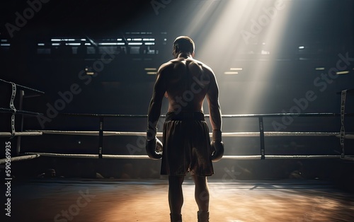 Boxing champion standing on arena. Rear view of shirtless man in boxing gloves. Muscular build concept. Generative Ai.