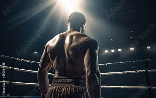 Boxing champion standing on arena. Rear view of shirtless man in boxing gloves. Muscular build concept. Generative Ai. © Kowit