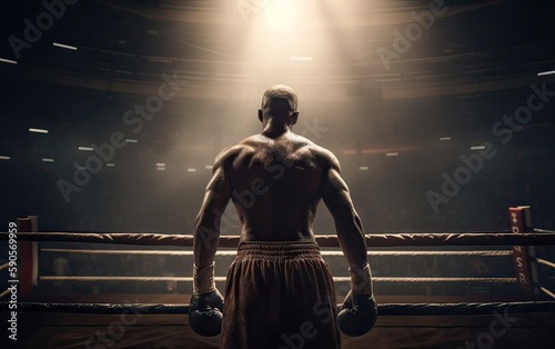 Boxing champion standing on arena. Rear view of shirtless man in boxing gloves. Muscular build concept. Generative Ai. © Kowit
