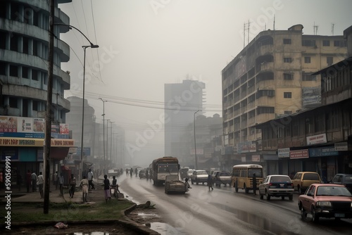 Canvastavla Kinshasa Democratic Republic of the Congo centrum city in fog, generative artifi