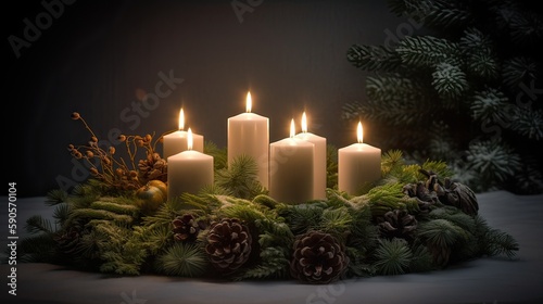 Third Advent - decorated Advent wreath from evergreen branches with white burning candles, tradition in the time before Christmas, copy space, selected focus. Generative Ai.