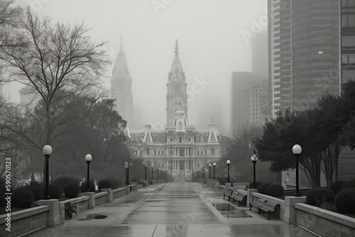  Philadelphia United States centrum city in fog , generative artificial intelligence © Tor Gilje
