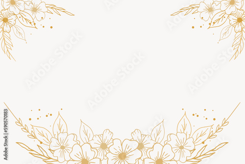 Elegant golden floral background with hand drawn flowers and leaves border