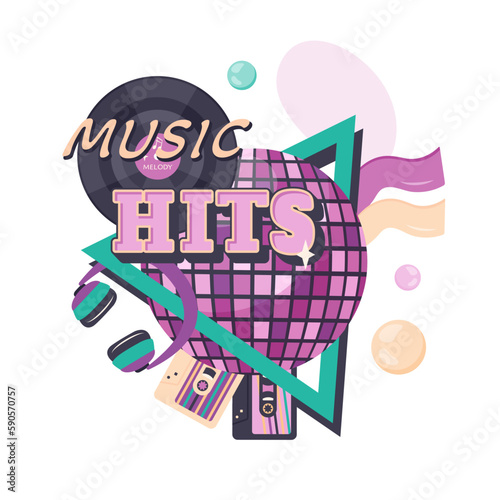 Mirror disco ball with headphones, vinyl and cassettes for music player in frame. Clipart. Music template in retro style of 90s, 80s for nostalgia musical party, advertising poster. Vector