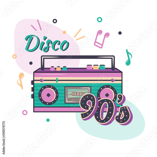 Pink music player with color light loudspeakers and cassette. Clipart of retro tape recorder, notes, text disco 90s. Vector cartoon flat illustration for banner, poster, cover