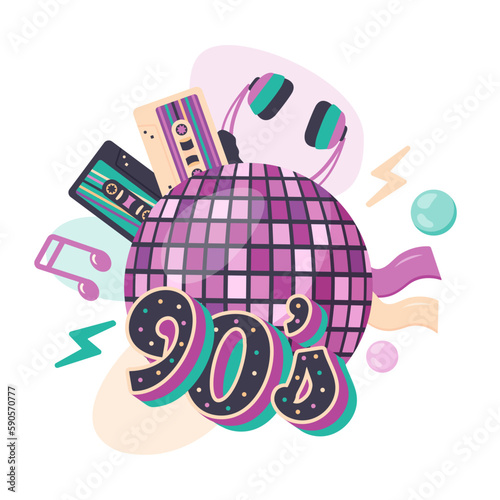 Mosaic Pink disco ball with headphones, notes, cassettes for music player, bubblegum. Clipart. Music template in retro style of 90s, 80s for nostalgia musical party, advertising poster, banner. Vector
