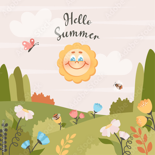 Floral background with cute smiling sun. Cartoon character glad of coming summer. Meadow, flowers, foliage, grass. Nature landscape template. Floral design for banner, poster, greeting card. Vector 