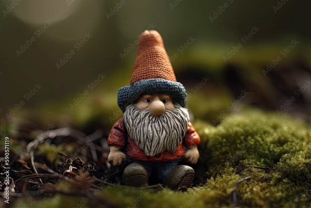 whimsical gnome figurine seated on a lush bed of moss. Generative AI