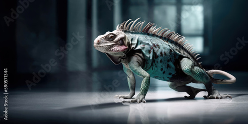 iguana, strutting down the runway, copyspace, room for text (Generative AI) © AstralAngel