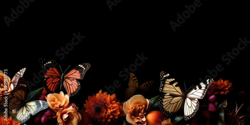 group of butterflies delicately arranging a bouquet of flowers, copyspace, room for text (Generative AI)