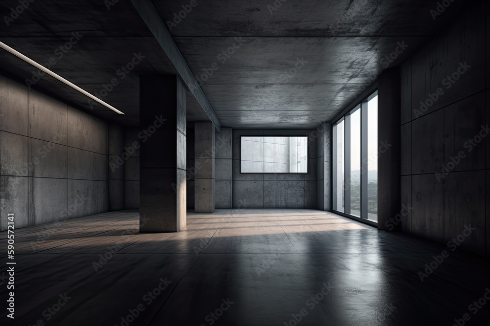 an empty modern room with floor-to-ceiling windows and concrete walls. Generative AI