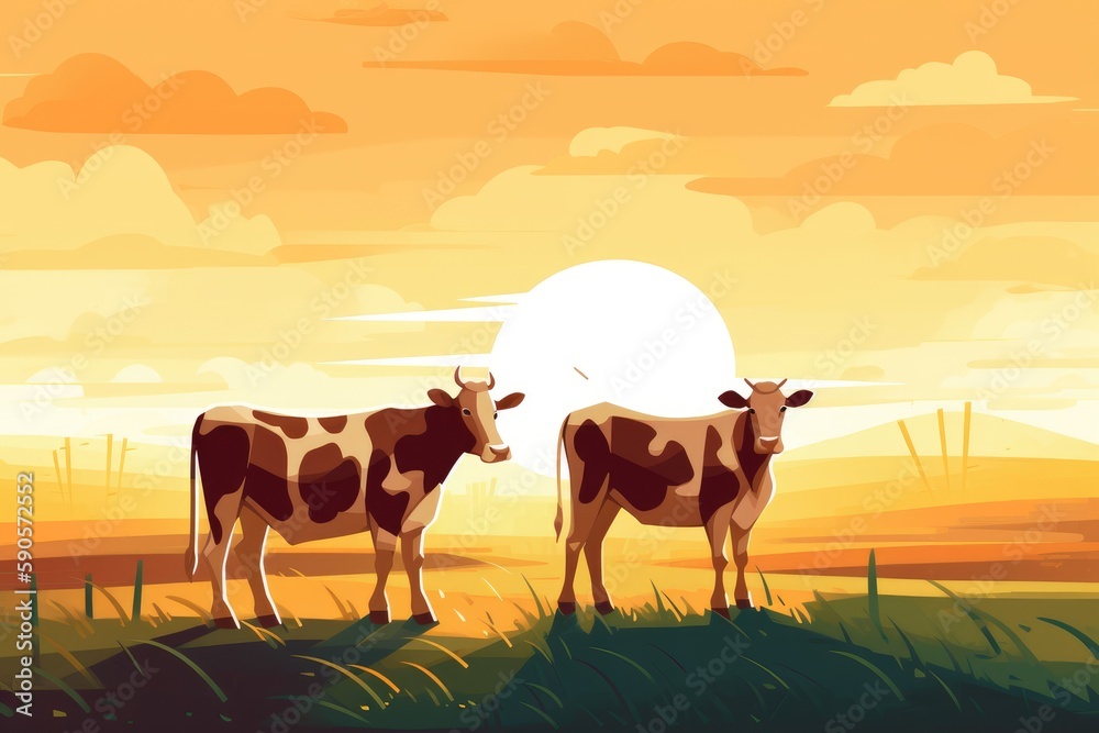 Cows grazing on a farm with sunlight, farm landscape illustration with generative ai Cows grazing on a farm with sunlight, farm landscape illustration with generative ai