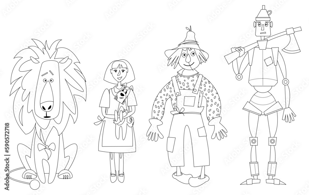 Lion, girl holding dog in her arms, Scarecrow and Tin Man. Сharacters of fairy tale “The Wonderful Wizard of Oz”. Coloring page Lion, girl holding dog in her arms, Scarecrow and Tin Man. Сharacters of fairy tale “The Wonderful Wizard of Oz”. Coloring page