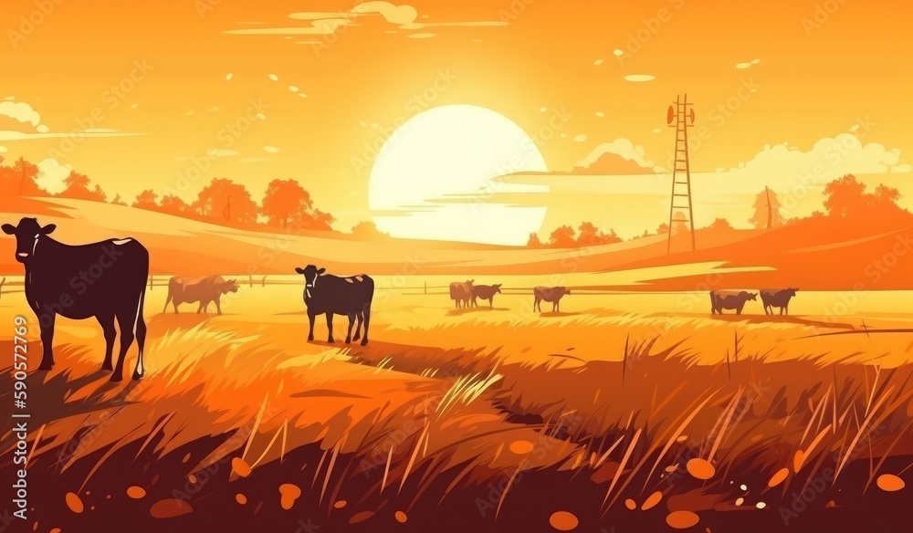 Naklejka premium Cows grazing on a farm with sunlight, farm landscape illustration with generative ai