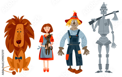Lion, girl holding  dog in her arms, Scarecrow and  Tin Man. Сharacters of fairy tale “The Wonderful Wizard of Oz”