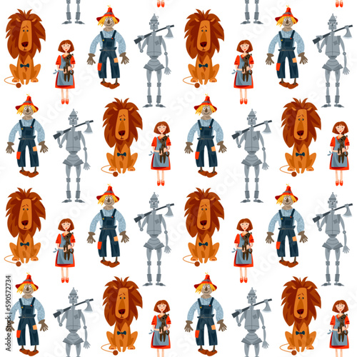 Lion, girl holding dog in her arms, Scarecrow and Tin Man. Сharacters of fairy tale “The Wonderful Wizard of Oz”. Seamless background pattern