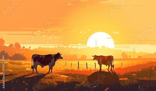 Cows grazing on a farm with sunlight  farm landscape illustration with generative ai