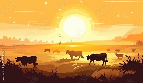 Cows grazing on a farm with sunlight  farm landscape illustration with generative ai