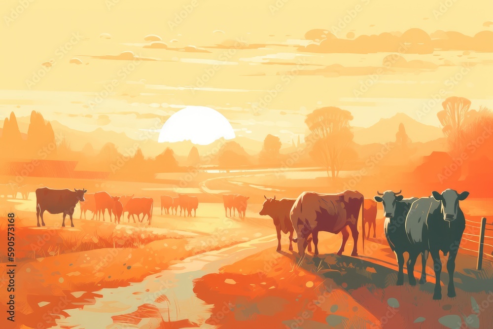 Naklejka premium Cows grazing on a farm with sunlight, farm landscape illustration with generative ai