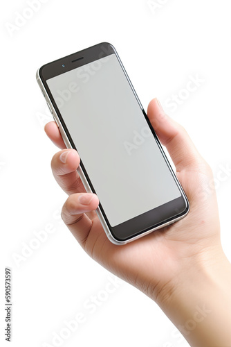 hand holding smart phone isolated on transparent background made with generative ai