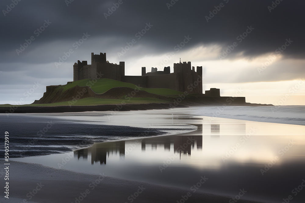Bamburgh Castle on the northeast coast of England, by the village of Bamburgh in Northumberland. Moody and dramatic coastal image with imposing dark skies. Taken just after sunrise..