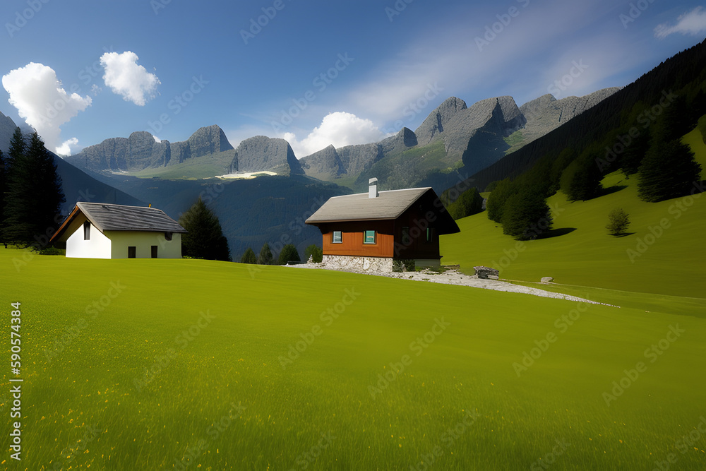 Obraz premium Cottage on green meadow