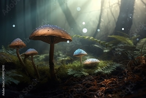 group of mushrooms growing on the forest floor. Generative AI
