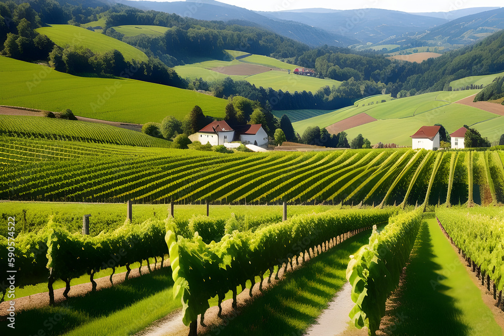 South styria vineyards landscape, near Gamlitz, Austria, Eckberg, Europe. Grape hills view from wine road in spring. Tourist destination, vertical photo